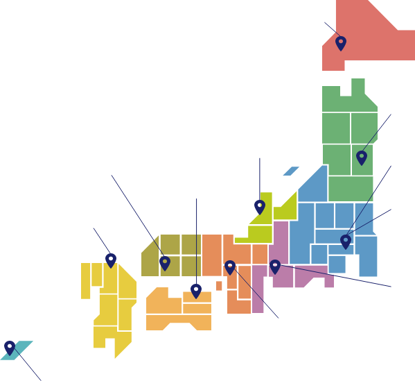 各地域本部の所在地と管轄する都道府県を示した日本地図(詳細は次の見出し「地域本部」と「事務所」でご確認ください)