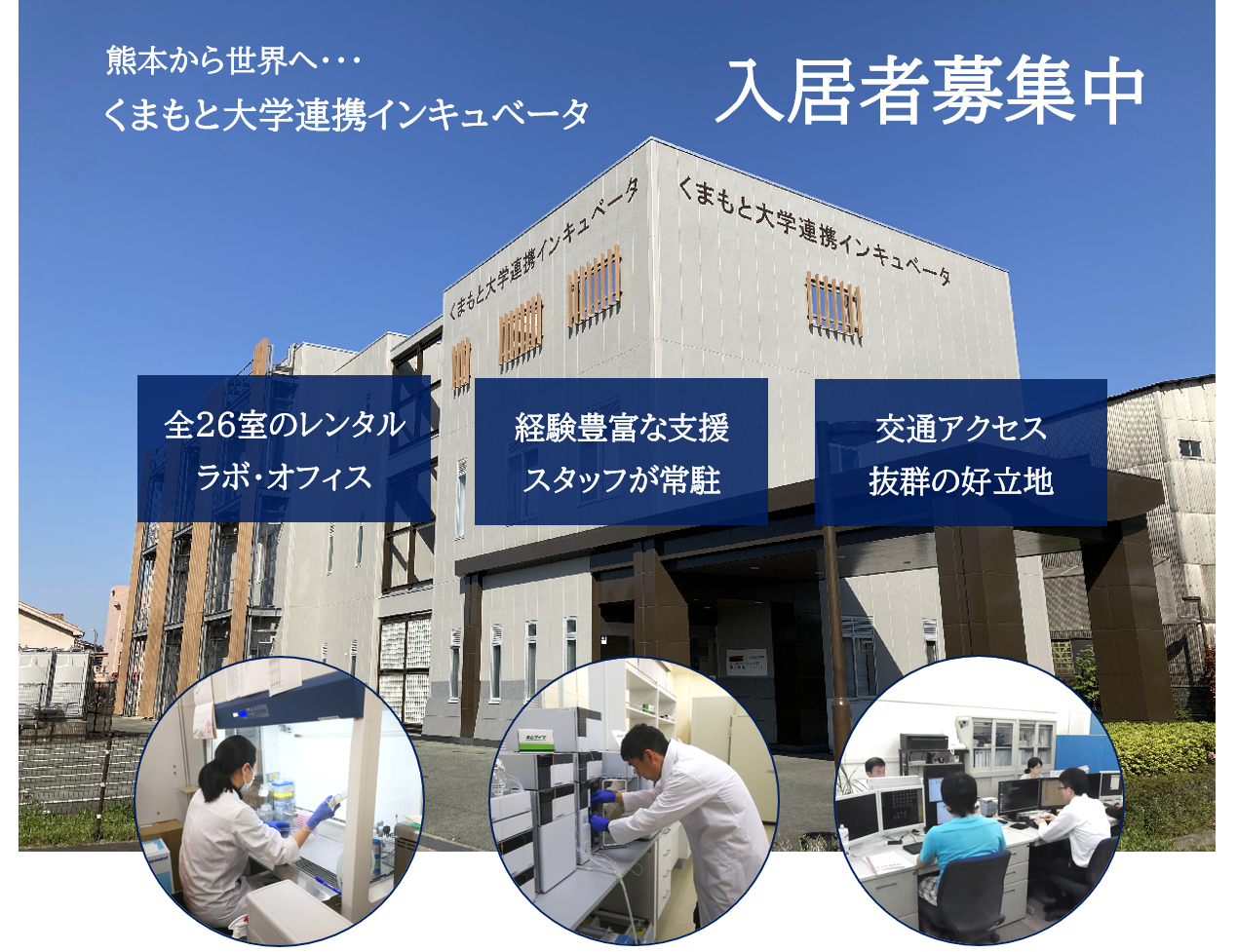 施設外観および居室の使用例写真。くまもとから世界へ、くまもと大学連携インキュベータ入居企業募集中。全26室のレンタルラボ・オフィス、経験豊富な支援スタッフが常駐、交通アクセス抜群の好立地。