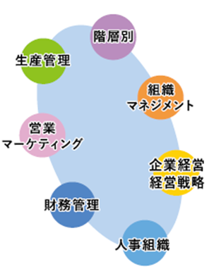 研修の分野のイメージ図 階層別 組織マネジメント 企業経営・経営戦略 人事組織 財務管理 営業・マーケティング 清算管理