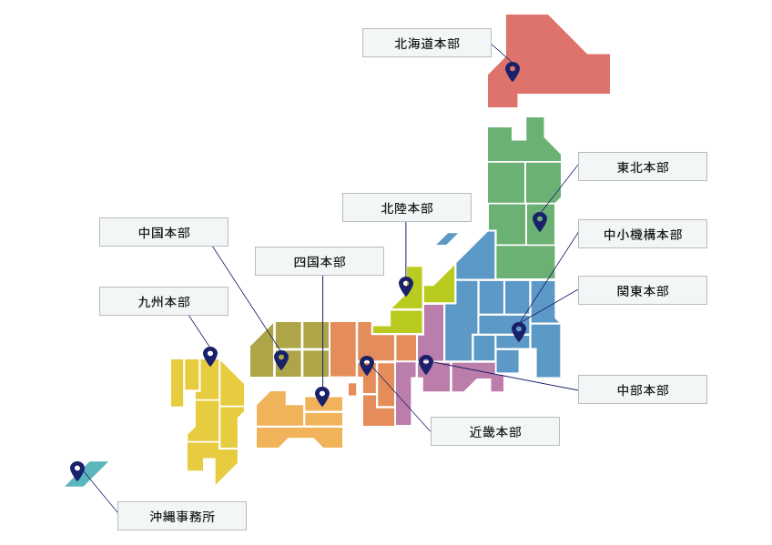中小機構の九つの地域拠点を示す地図