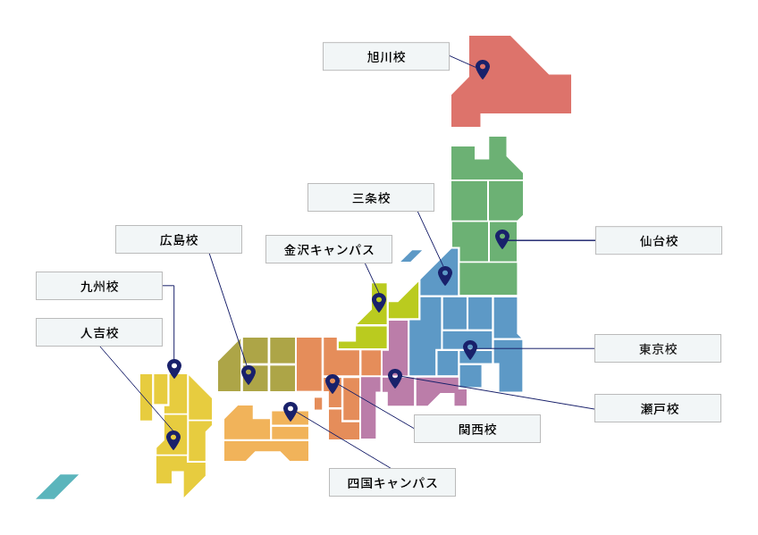 全国9カ所に展開する中小企業大学校と都市部キャンパスを示す地図