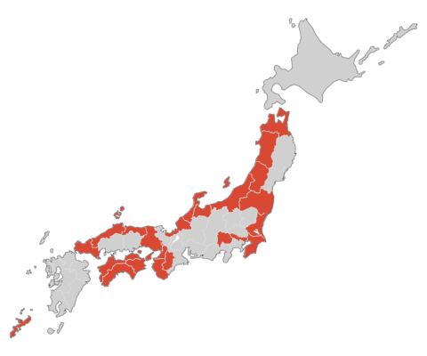 中小機構が自動車部品サプライヤー転換事業の全国支援拠点として、支援を行うサプライヤーの立地都府県を赤で着色した日本地図