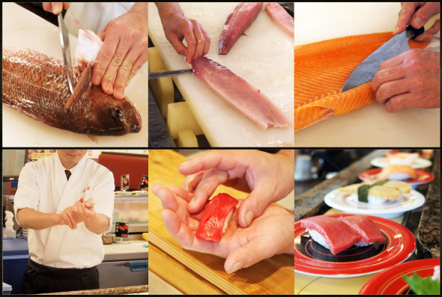 職人による魚を捌く画像と寿司を握る画像